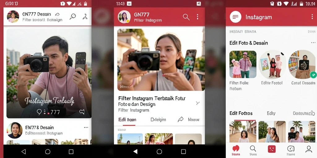 Screenshot GN777 menampilkan antarmuka aplikasi dengan berbagai pilihan filter Instagram.