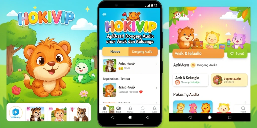 Antarmuka aplikasi HOKIVIP yang ramah anak untuk dongeng audio.